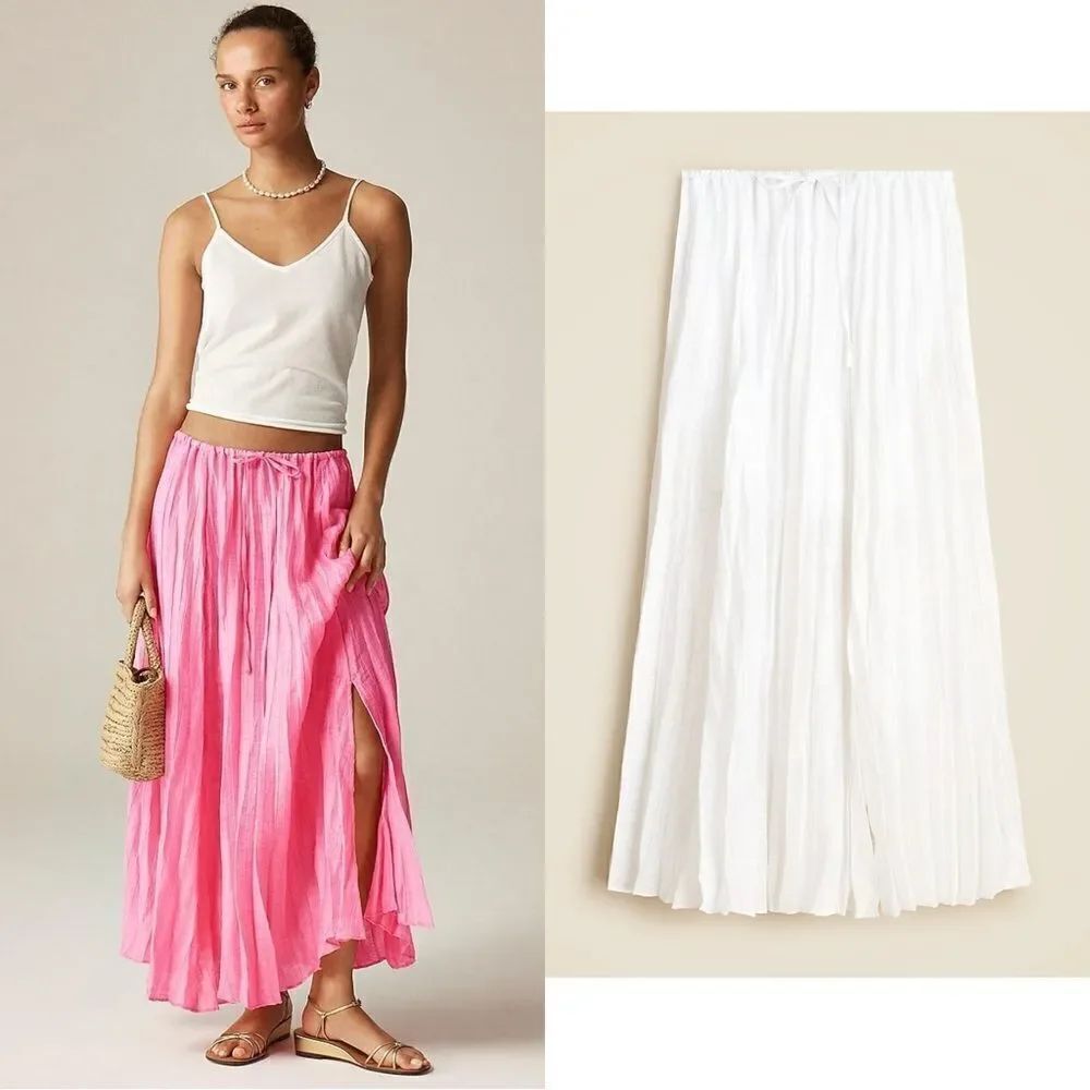 NWT J CREW Pleated drawstring maxi skirt in linen blend in WHITE